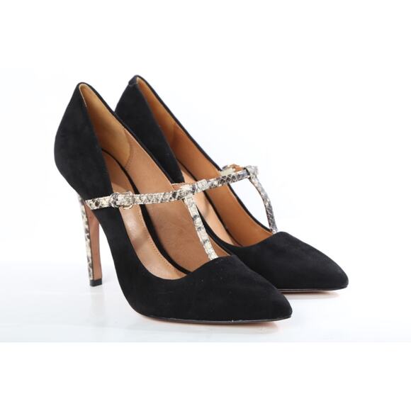 Coach Fulton Black Suede Snake Embossed Leather T-Strap Heels Pumps Size 8.5 B - Picture 6 of 16